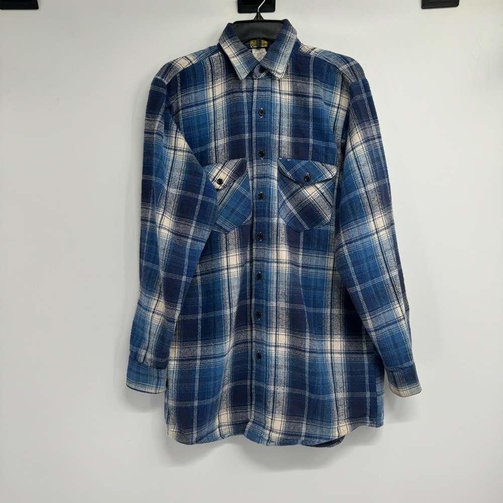 VTG OshKosh Mens Shirt L Blue Flannel Plaid Pockets Thick Outdoor